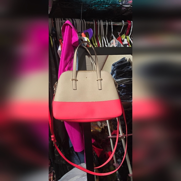 🍁🍂NWOT Kate Spade Beige/Neon Pink Leather Cedar Street Maise Satchel - Picture 3 of 6